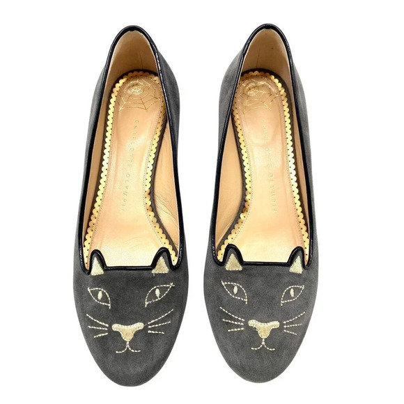 Charlotte Olympia Kitty Cat Gray Suede Flats Loafers, EU 38 US 7.5-8 - Picture 2 of 12